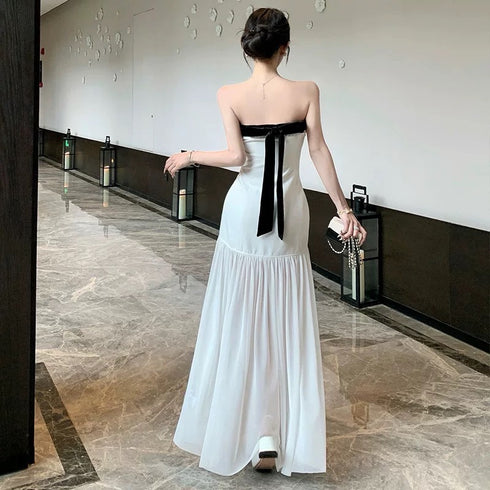 Ladies Tube Maxi Dress with Black Ribbon Detail